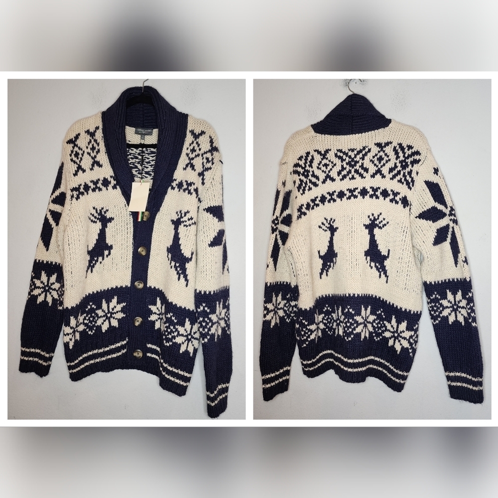 NWT Lorenzo Magni Italy Wool Alpaca Blend Chunky Knit Cardigan Deer Snowflake XL